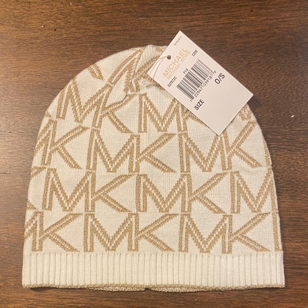 MICHAEL Michael Kors Cream & Gold Logo Knit Beanie